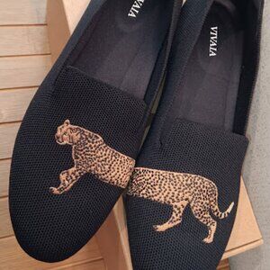 VIVAIA Black Leopard Embroidered Loafers